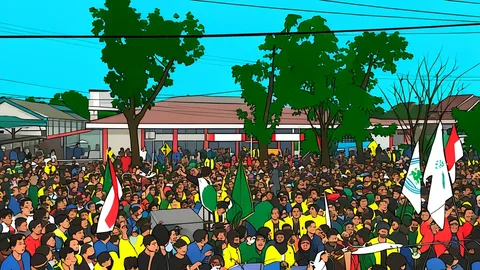 A long queue of people waiting outside a government building