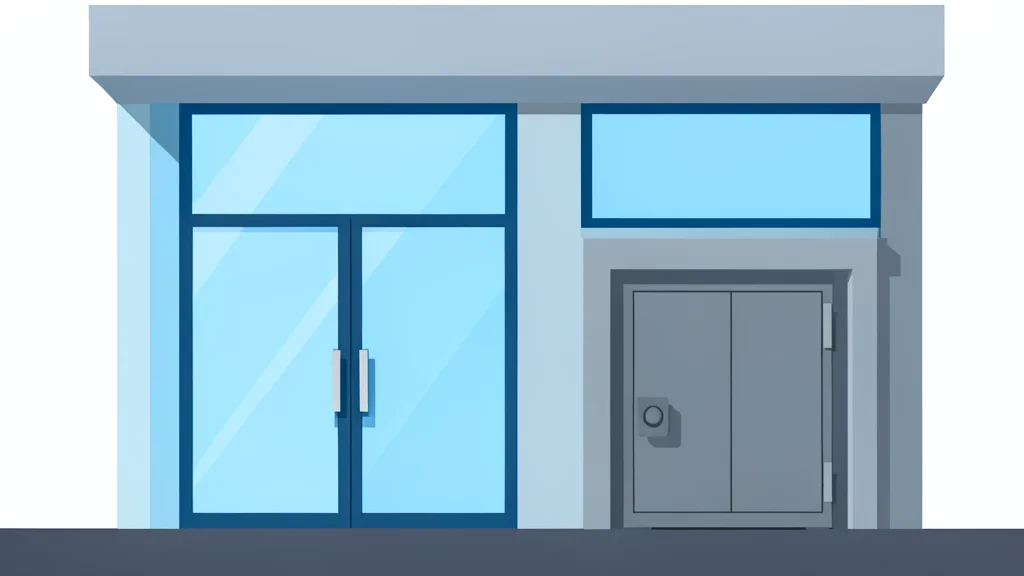 A modern bank branch facade with glass doors and a secure vault entrance