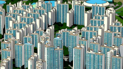 A row of modern high-rise apartment buildings with uniform balconies and glass facades