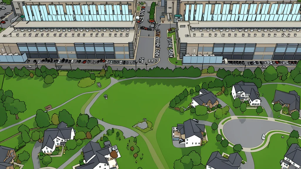 A flat-vector illustration of a large industrial data center building with rows of cooling towers and ventilation units.