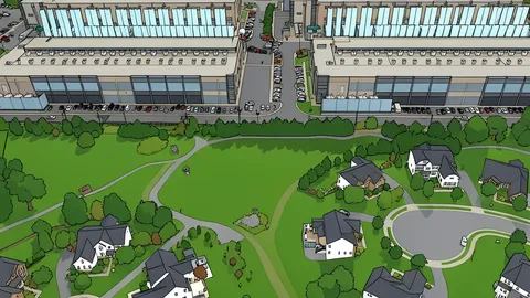 A flat-vector illustration of a large industrial data center building with rows of cooling towers and ventilation units.