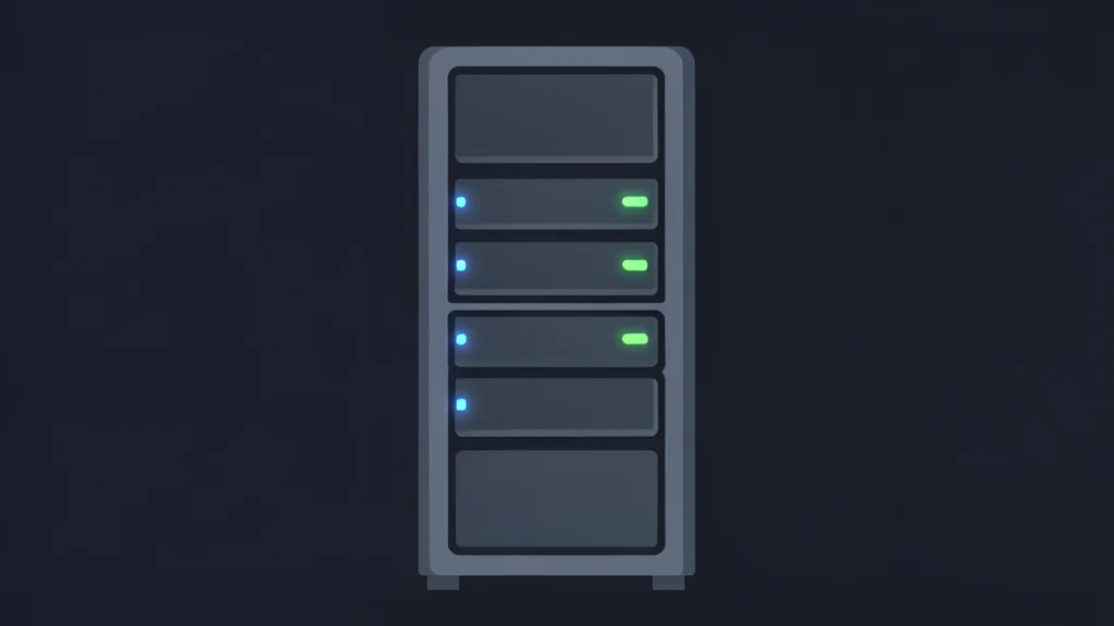 A flat-vector illustration of a server rack with blinking status lights in a dark data center