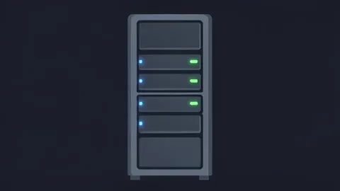 A flat-vector illustration of a server rack with blinking status lights in a dark data center