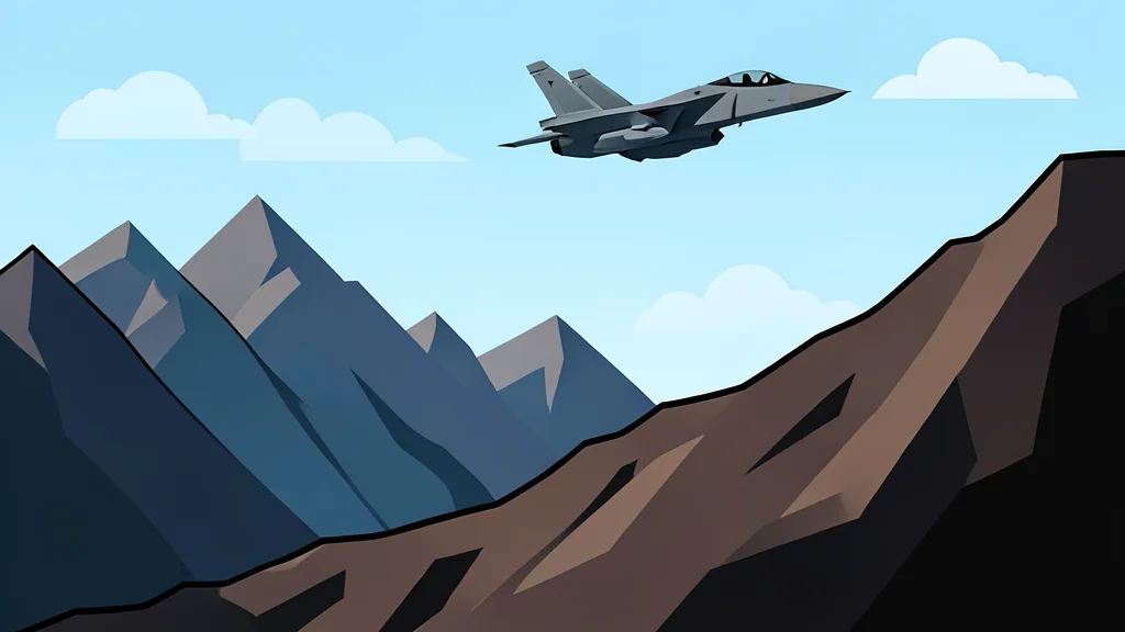 A rugged mountain pass along a border line with a single fighter jet flying overhead