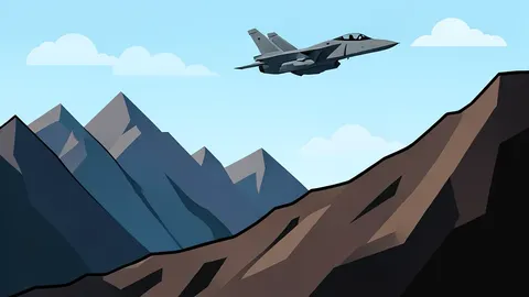 A rugged mountain pass along a border line with a single fighter jet flying overhead