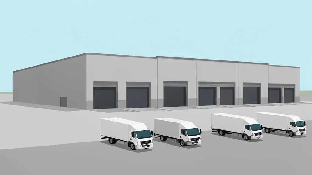 A modern logistics warehouse with loading docks and parked delivery trucks