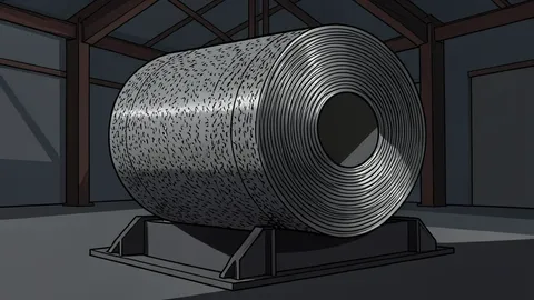 A large industrial warehouse filled with stacked steel coils and metal beams.