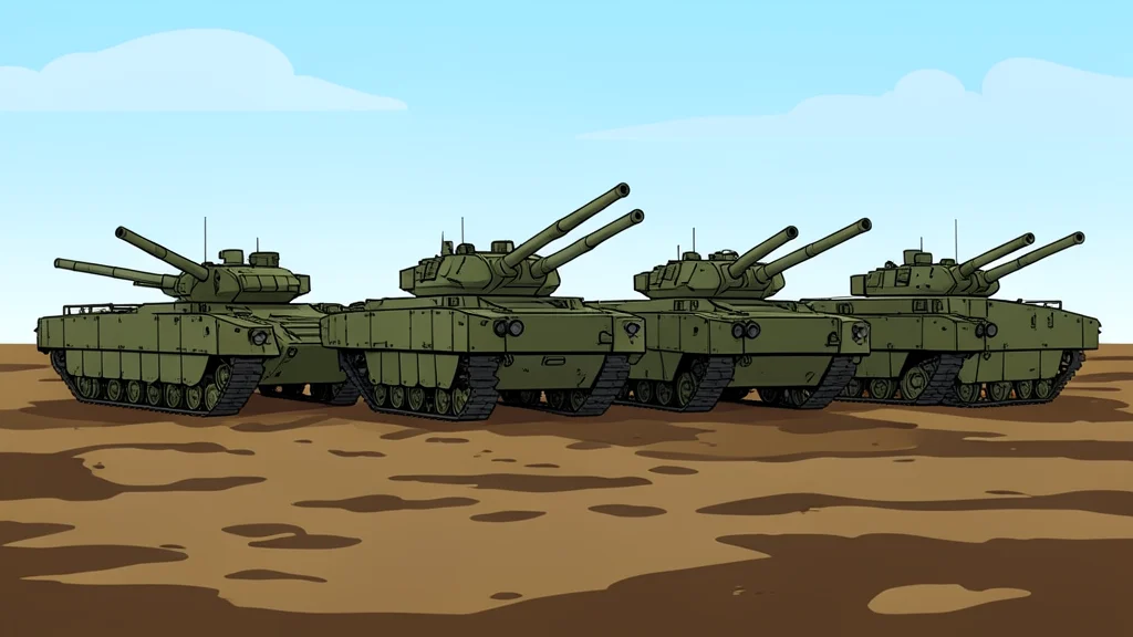A row of heavy armored tanks parked on a muddy field under an overcast sky.