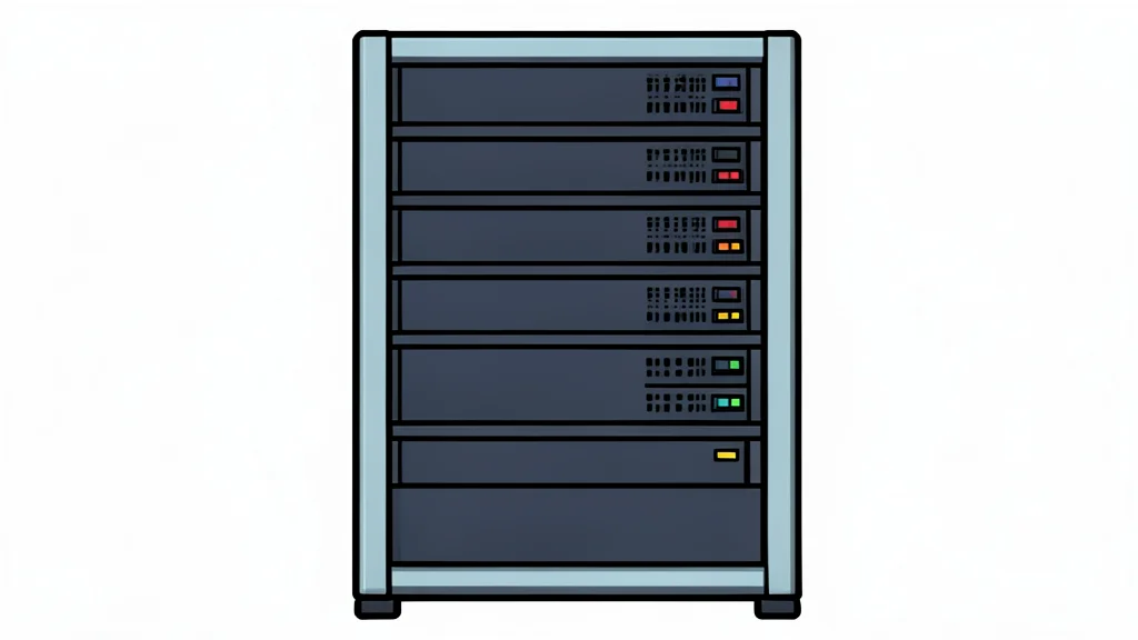 A stylized vector illustration of a server rack in a data center, representing digital infrastructure and cybersecurity.