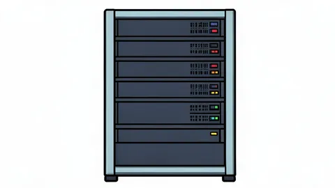 A stylized vector illustration of a server rack in a data center, representing digital infrastructure and cybersecurity.