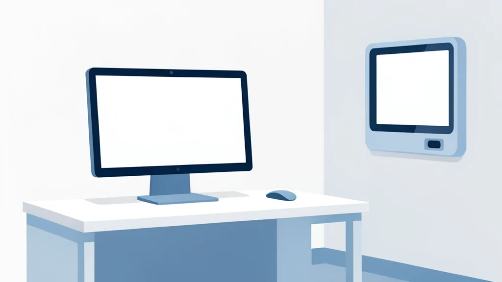 A modern medical office interior featuring a desk, a computer monitor with a blank white screen, and a wall-mounted digital health kiosk.