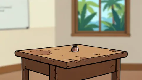 A quiet, empty classroom with rows of wooden desks and a blackboard, bathed in soft natural light from a window overlooking a tropical garden.