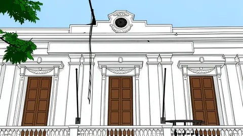 A flat-vector illustration of a government treasury building facade with columns and a pediment.
