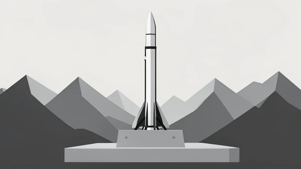 A vertical ballistic missile on a concrete pad in a mountainous landscape