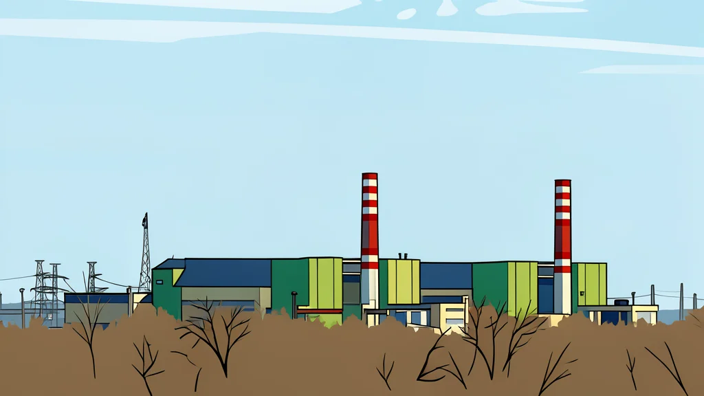 A large industrial cooling tower with steam rising, situated next to a river intake pump station.