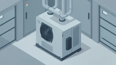 A large industrial cooling unit with visible pipes and fans situated inside a data center corridor