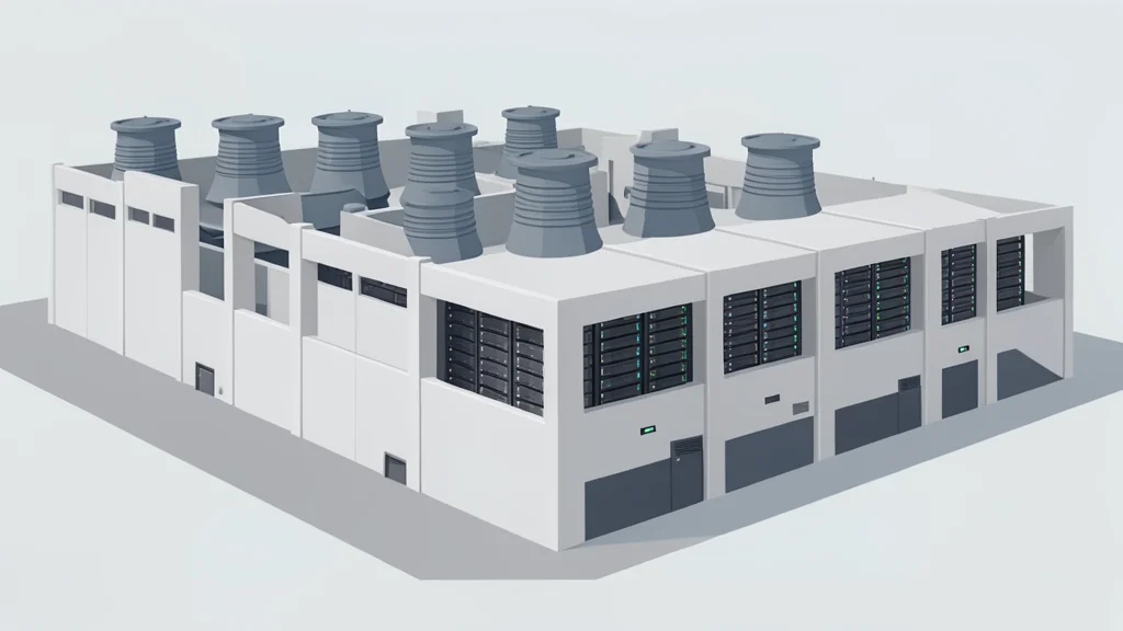 A large industrial data center facility with rows of cooling towers and server racks visible through open bays