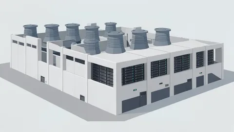 A large industrial data center facility with rows of cooling towers and server racks visible through open bays