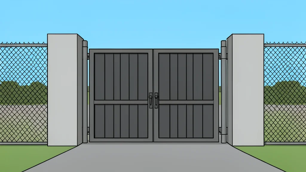 A heavy metal gate and chain-link fence enclosing a detention facility entrance