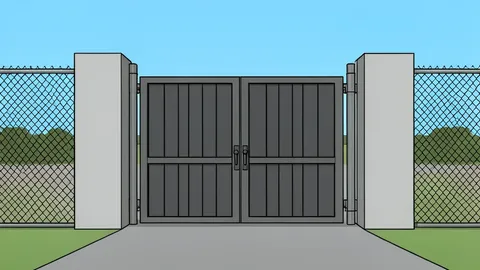 A heavy metal gate and chain-link fence enclosing a detention facility entrance