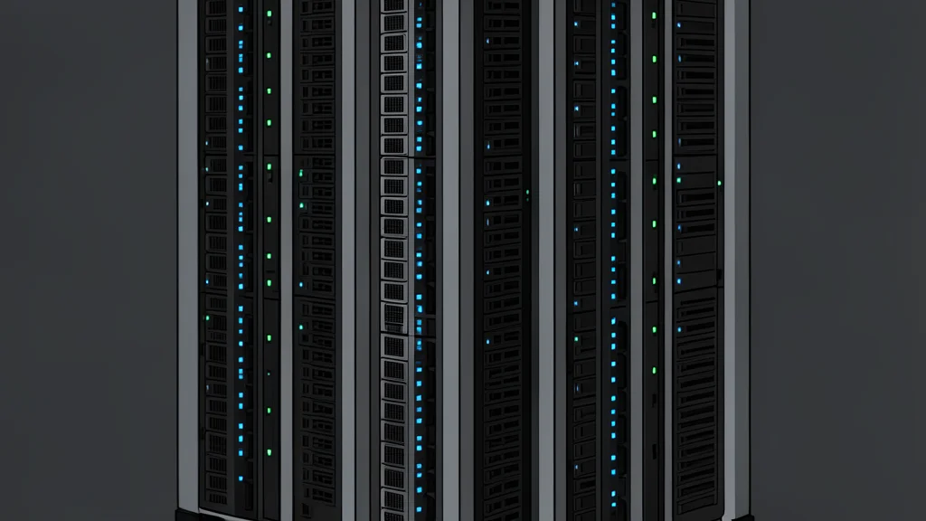 A flat-vector illustration of a server rack in a data center with abstract data flow lines.