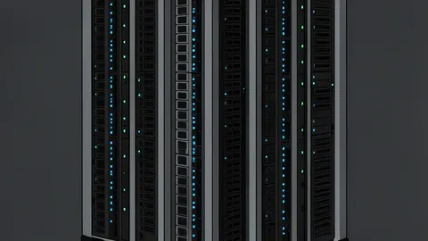 A flat-vector illustration of a server rack in a data center with abstract data flow lines.