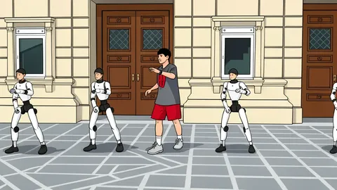 A sleek, bipedal humanoid robot standing on a stage floor