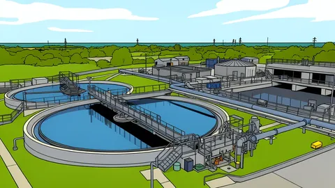 A large industrial water treatment facility with circular concrete sedimentation tanks and metal piping infrastructure