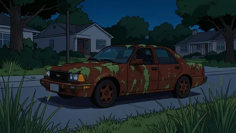 A dimly lit, abandoned suburban street with overgrown weeds and a rusted car