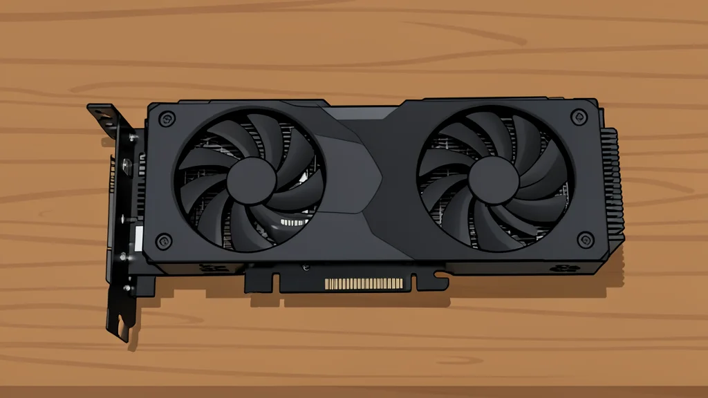 A black graphics card with cooling fans and heat sinks resting on a wooden desk