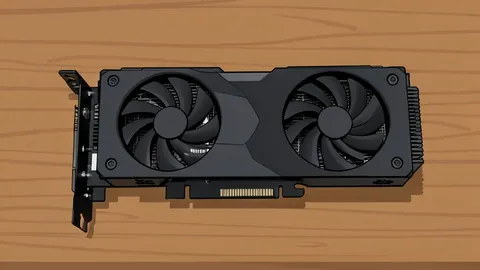 A black graphics card with cooling fans and heat sinks resting on a wooden desk