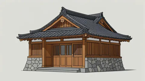 A traditional Japanese wooden bank building with a tiled roof and stone walls