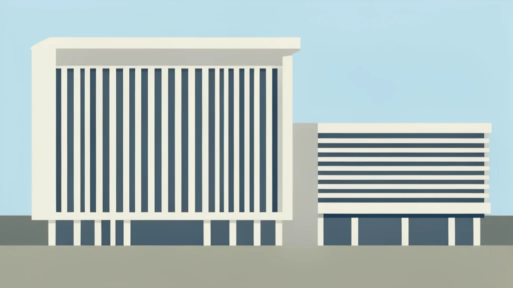 Flat vector illustration of the United Nations Headquarters building facade in New York, featuring its distinctive curved and rectangular glass towers against a plain background.