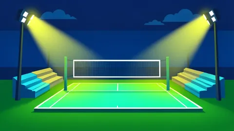 A temporary volleyball court set up on a grassy field under stadium floodlights