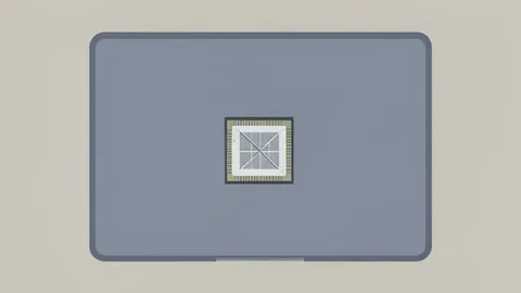 A flat-vector illustration of a laptop chassis with a visible processor chip embedded in the palm rest area.