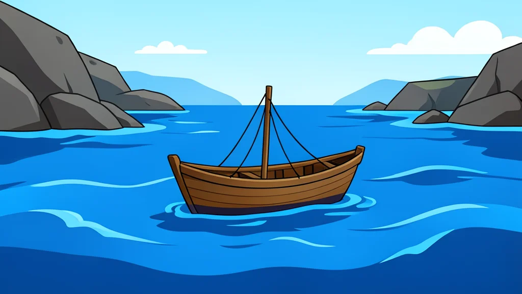 A small wooden fishing boat floating on choppy blue water near a rocky coastline