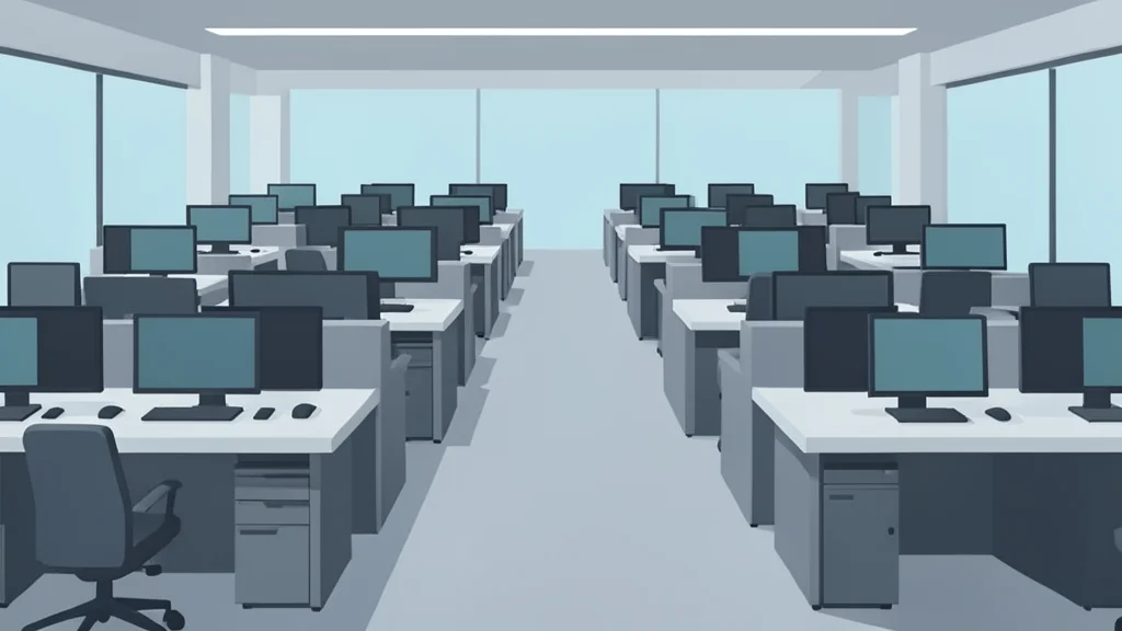 A flat-vector illustration of a trading floor with rows of desks and empty computer monitors.