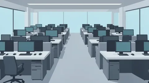 A flat-vector illustration of a trading floor with rows of desks and empty computer monitors.