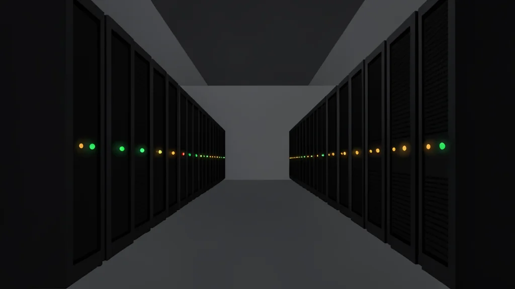 Rows of black server racks with blinking status lights in a dimly lit data center aisle