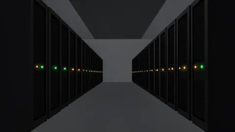 Rows of black server racks with blinking status lights in a dimly lit data center aisle