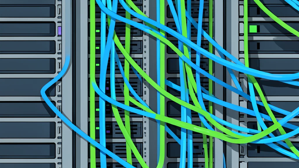 A dense rack of server hardware with visible optical fiber cables connecting the units