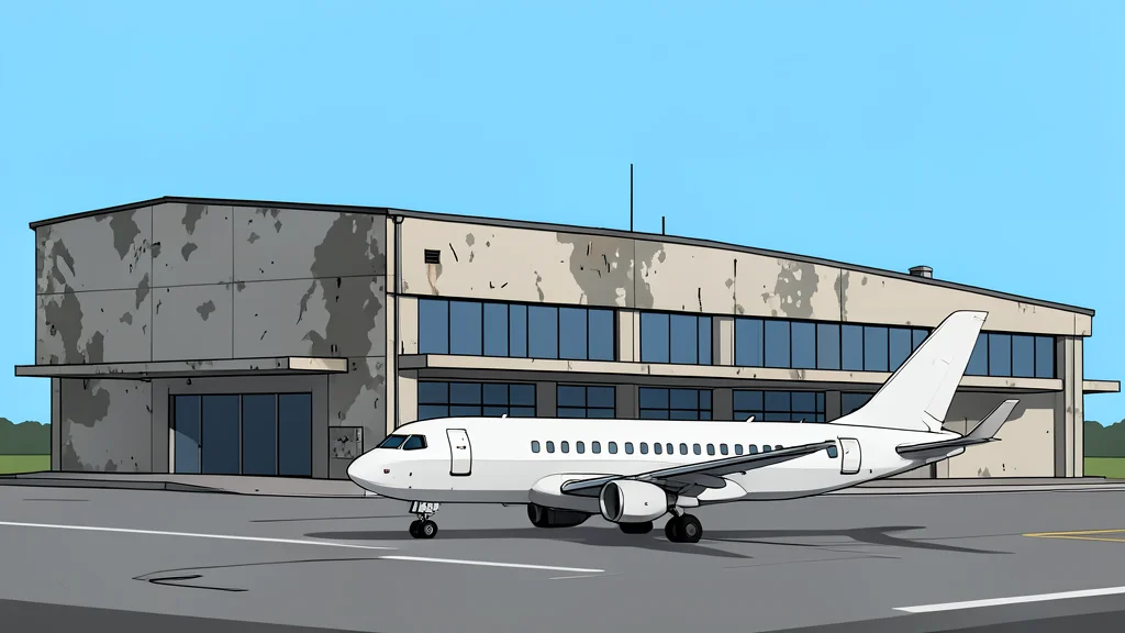 A weathered airport terminal building with a single airplane parked on the tarmac in front of it