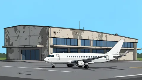 A weathered airport terminal building with a single airplane parked on the tarmac in front of it