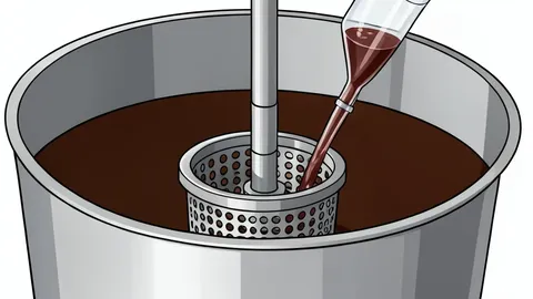 A stainless steel industrial processing tank with pipes and valves, representing the decaffeination facility