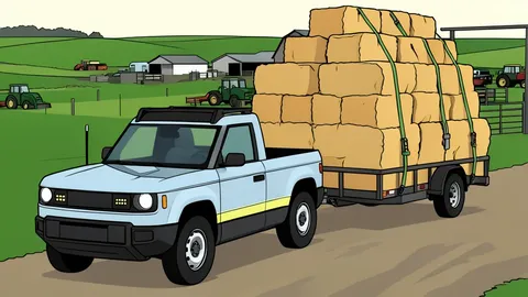 A compact electric pickup truck on a gravel driveway pulling a trailer with square hay bales.
