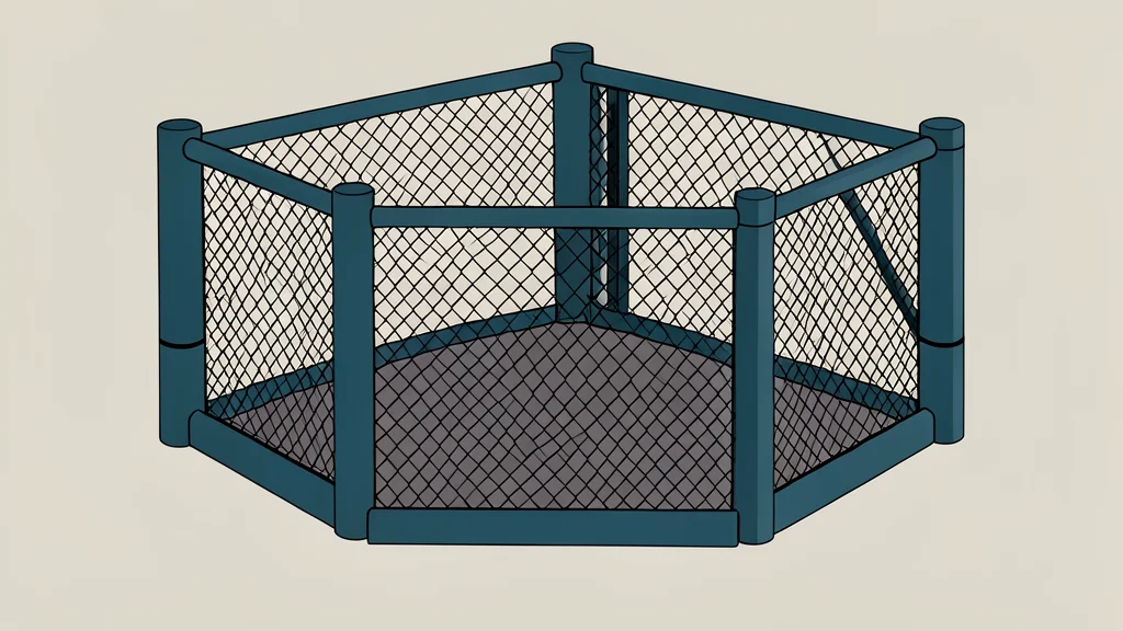 An octagonal fighting cage with padded posts and chain-link fencing