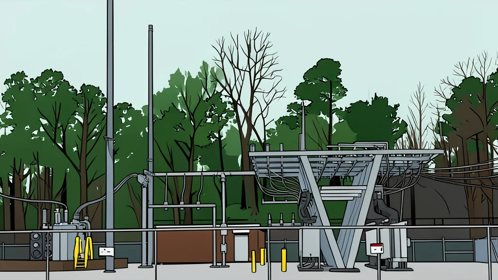 A large industrial data center building with rows of cooling towers and high-voltage power lines connecting to the structure