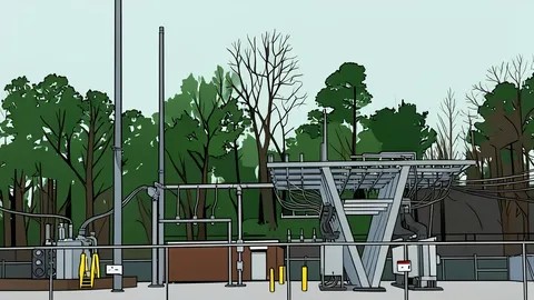A large industrial data center building with rows of cooling towers and high-voltage power lines connecting to the structure