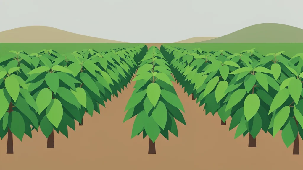 A rural landscape featuring rows of green coca plants in a field.