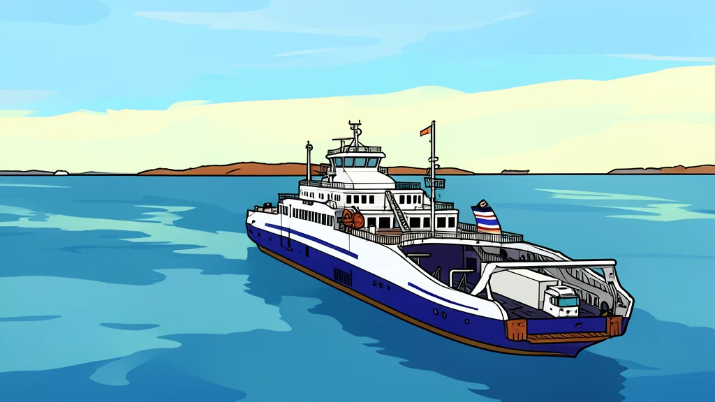 A large white ferry docked at a concrete pier with thick black charging cables connected to its side